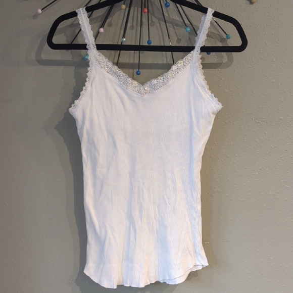 Y2K Energie Sequin Beading Lace Ribbed Cami Tank White Fairy Grunge - Picture 1 of 11
